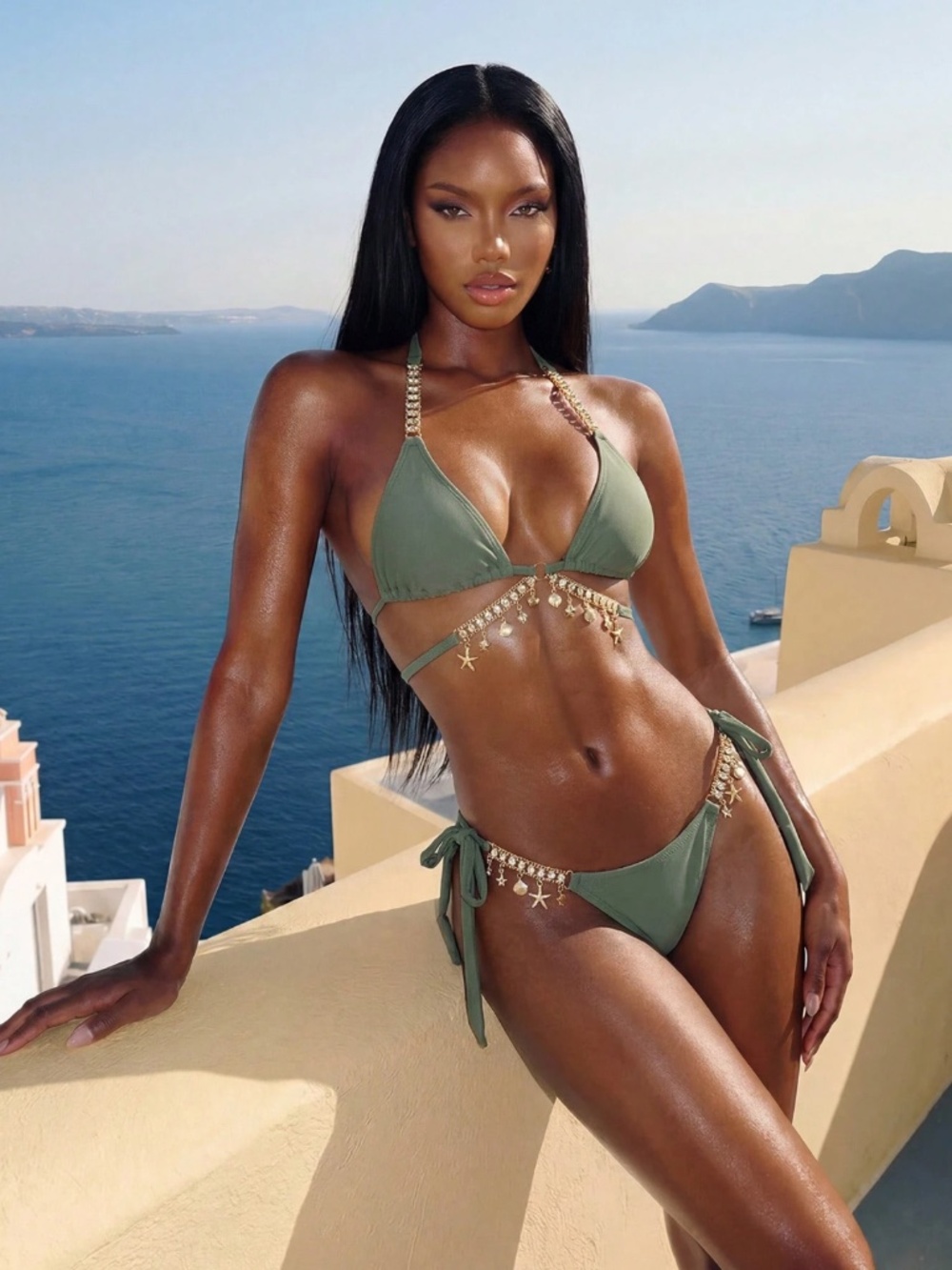 Rhinestone Embellished Bikini Swimsuit Army Green - Picture 2 of 10